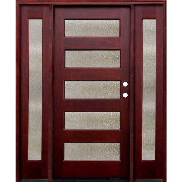 Pacific Entries 70 in. x 80 in. Contemporary 5 Lite Seedy Stained Mahogany Wood Prehung Front Door w/ 6 in. Wall Series,14 in. Sidelites
