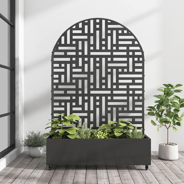 Lirago 72 in. x 47 in. Arched-Top Black Outdoor Metal Privacy Screen Raised Planter Box Wall Decor