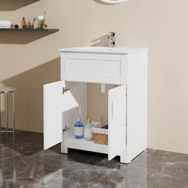 24 in. Freestanding White Bath Vanity with White Ceramic Top