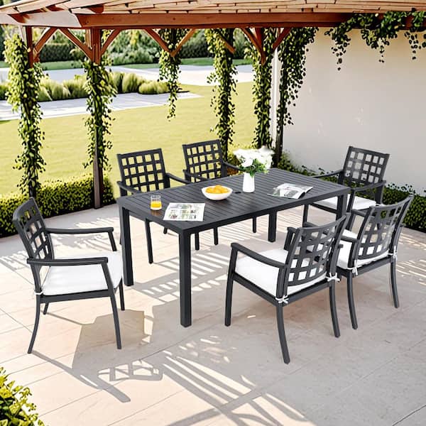Alderon Black 7-Piece Aluminum Outdoor Dining Set with 6 Stationary Dining Chairs Sunbrella Cushions