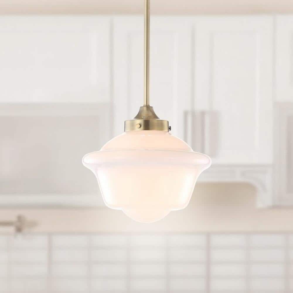 Kurtz 9.5" Brass Gold & White Glass LED Pendant with Adjustable Drop