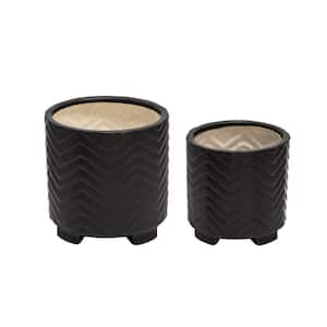 8 in. Black Footed Planter with Ceramic and Chevron Pattern (Set of 2)