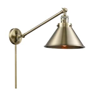 Briarcliff 10 in. 1-Light Antique Brass Wall Sconce with Antique Brass Metal Shade with On/Off Turn Switch