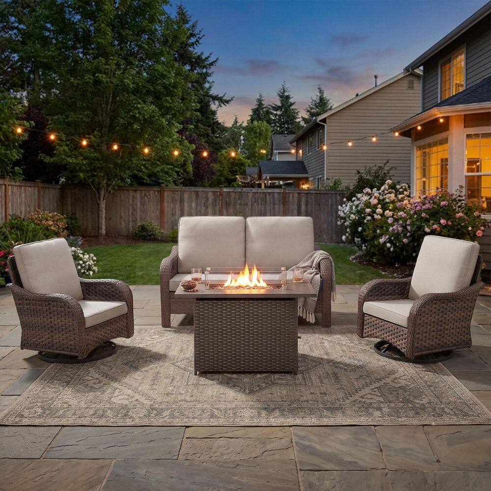 RoundEase 4-Piece Brown Wicker Fire Pit Conversation Set with Olefin Beige Cushions and Curved Arm Swivel Glider Chairs price history on PriceWatchPro