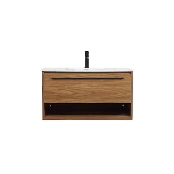 Unbranded Timeless Home 18 in. W x 36 in. D x 19.7 in. H Bath Vanity in Walnut Brown with Ivory White Engineered Stone Top