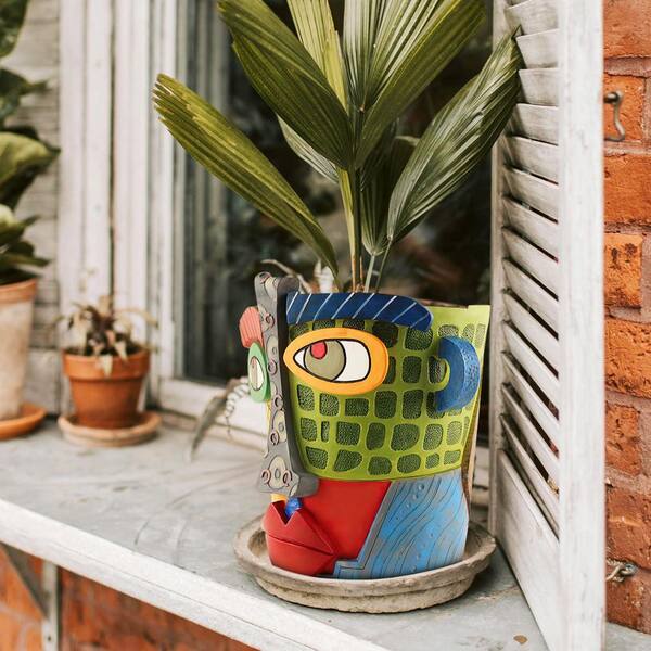 OGETFUUR 5.9 in. D x 7.1 in. W x 7.3 in. H Plastic Abstract Face Planters Pots Head, Funny Face Flower Pot for Outdoor, Blue
