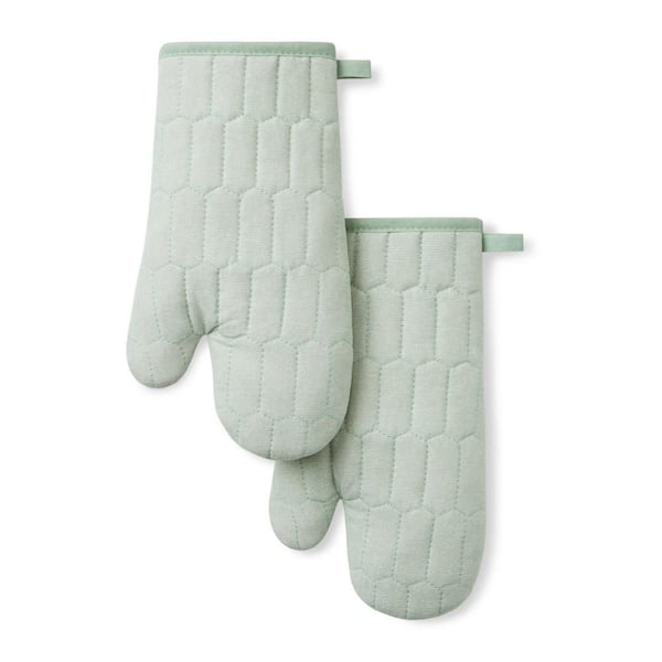 Honeycomb Quilted Chambray Mint Green 7 in. x 13 in. Cotton Oven Mitt Set 2-Piece