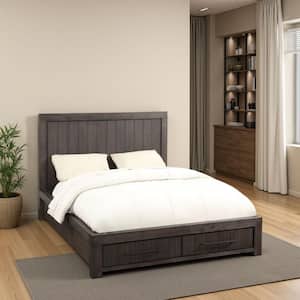 Adan Gray Brown Wood Frame Queen Size Panel Bed with Panel Design 2-Drawers