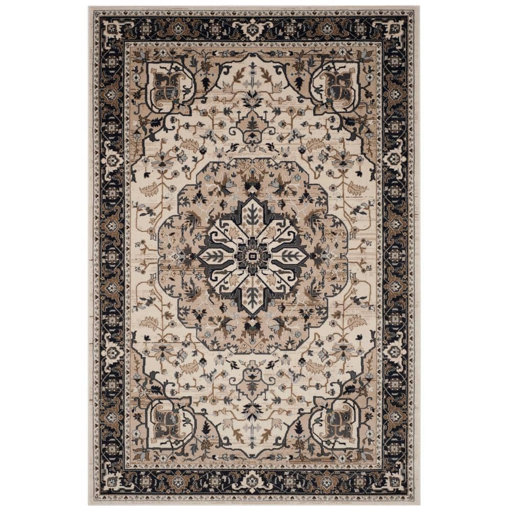 Cream and Navy Floral Rectangular Area Rug, 12' x 15'