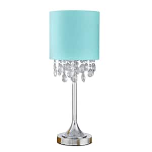 Florence 22 in. Chrome Finish Crystal Pendants Table Lamp with Light Turquoise Blue Shade