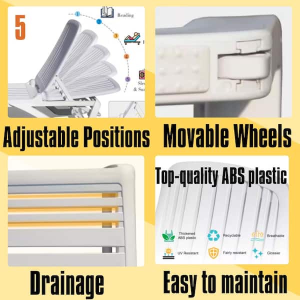 Adjustable Recliner Plastic Outdoor Chaise Lounge Pool Lounger Tanning Lounge Chair in White