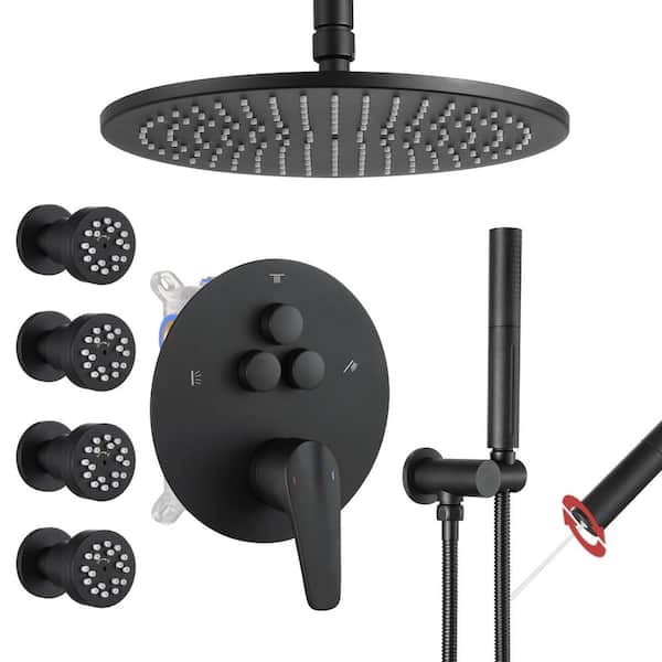 Luxury Rainfall Single Handle 2-Spray Shower Faucet 1.8 GPM with Push Button Diverter and 4-Body Jets in Matte Black