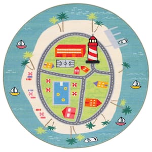 Kids Playhouse Blue/Green 5 ft. x 5 ft. Machine Washable Novelty Round Area Rug