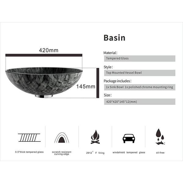 EPOWP - Artistic Gray Glass Round Vessel Sink with Pop-Up Drain