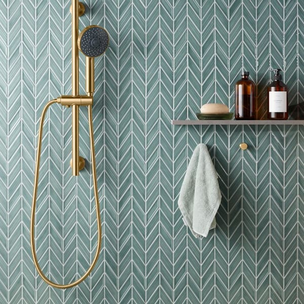 Medley Chevron Marine Blue 11.22 in. x 11.81 in. Glossy Ceramic Mosaic Wall Tile (0.92 sq. ft./Each)