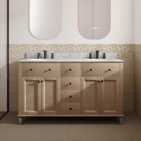 VLeaf 55 in. W x 22 in. D x 34.5 in. H Double Sinks Bath Vanity Cabinet in Weather Fir with Carrara Marble Top