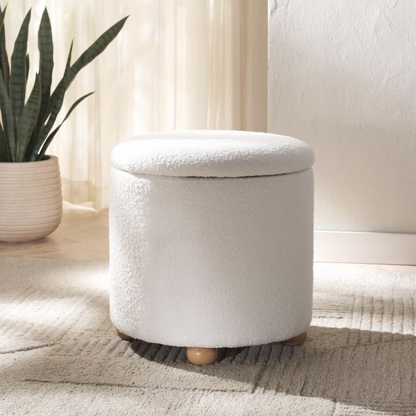 Becka Ivory/Natural Boucle Round Storage Small Ottoman