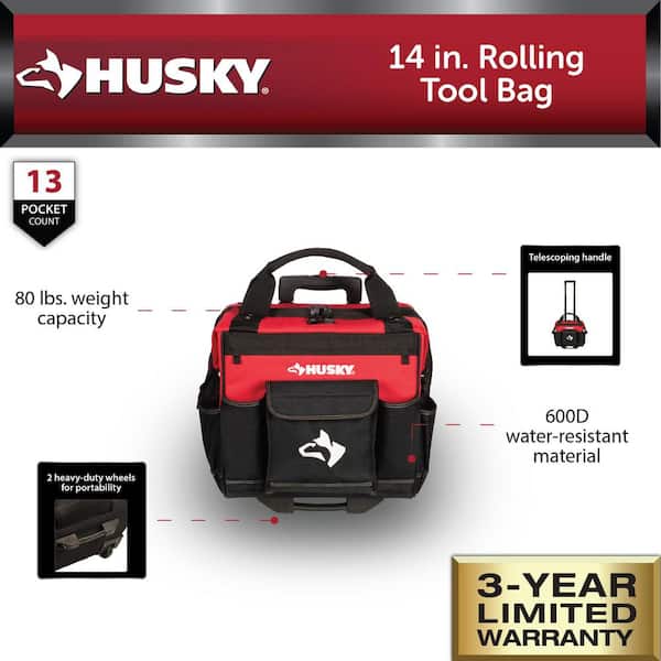 14 in. 13-Pocket Red Rolling Tool Bag with Telescoping Handle