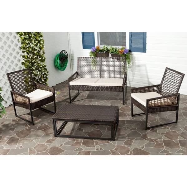 Safavieh Shawmont Brown 4-Piece Patio Seating Set with Beige Cushions