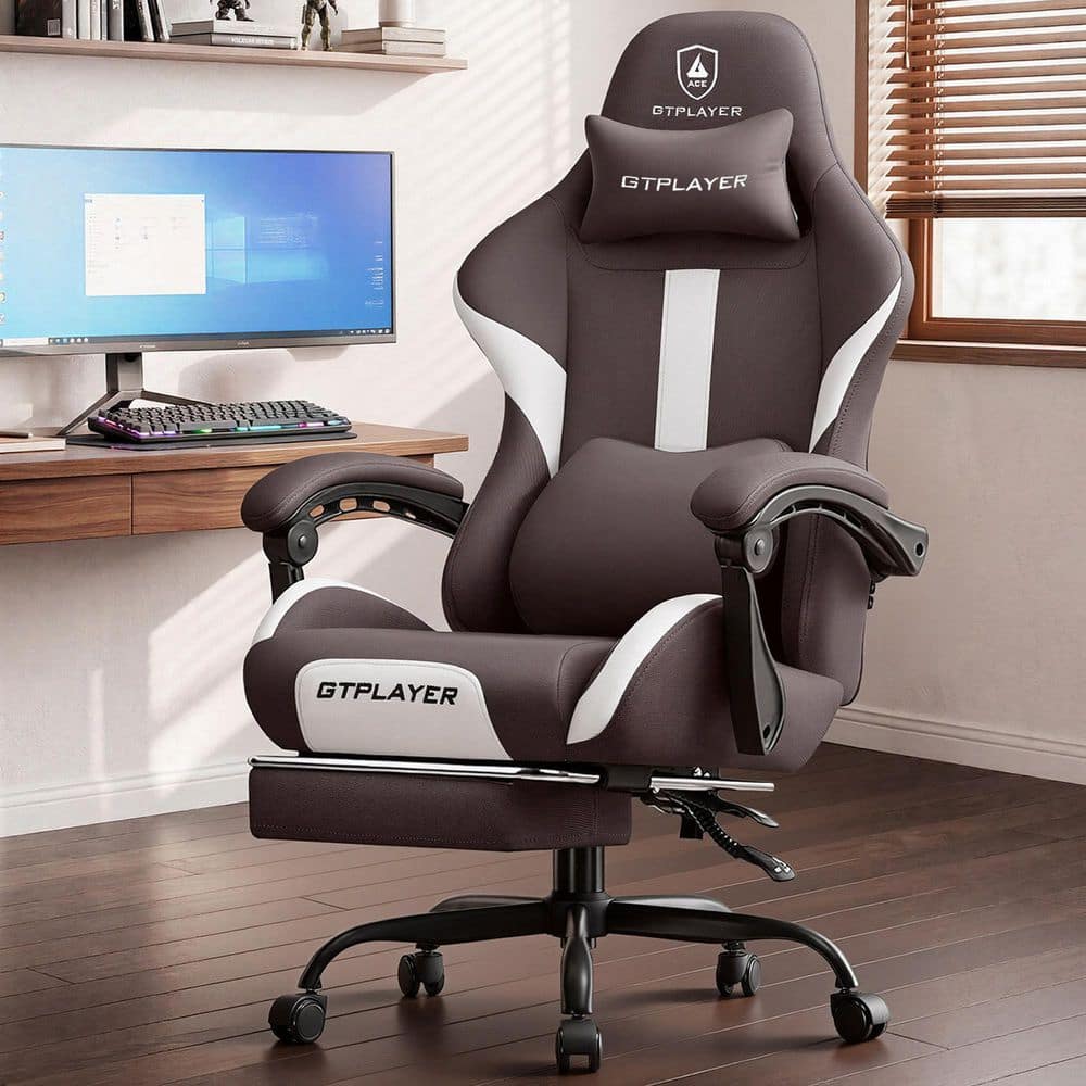 Gaming Chair Fabric Computer Chair with Foot Rest and Pocket Spring Cushion Ergonomic Computer Desk Chair, Brown