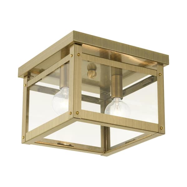 Lyford 8 in. 2-Light Antique Brass Flush Mount with Clear Glass