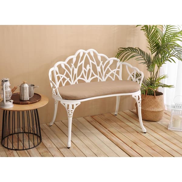 Unbranded White 2-Person Cast Aluminum Outdoor Patio Garden Bench Park Bench with Floral Rose and Beige Cushion for Lawn Yard