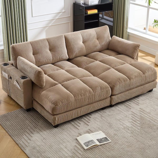 91 in. Corduroy Tufted Sectional Sofa in khaki Chaise Lounge with USB Ports Cup Holders and Pillows, Adjustable Headrest