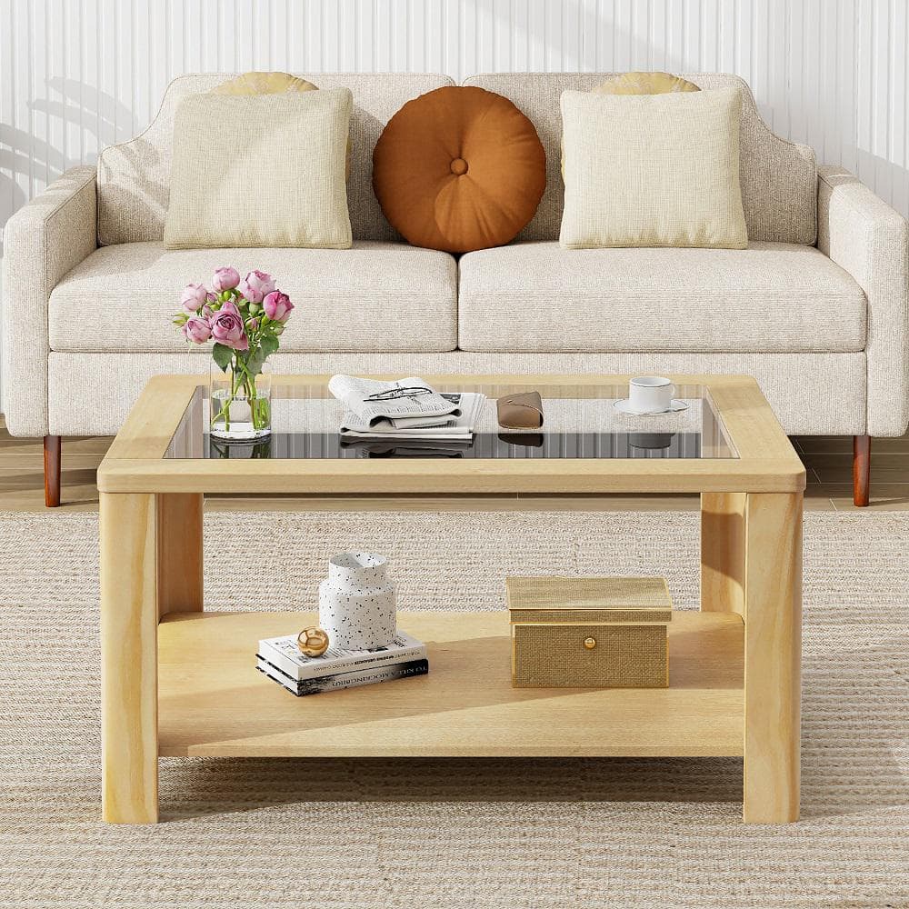 Gymax 35.5 in. Natural Rectangle Glass Coffee Table with w