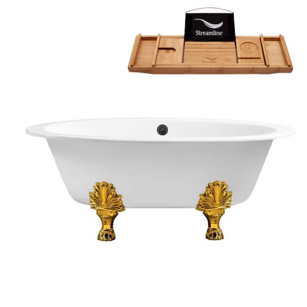 Streamline 65 in. Cast Iron Clawfoot Non-Whirlpool Bathtub in Glossy White with Matte Black Drain and Polished Gold Clawfeet