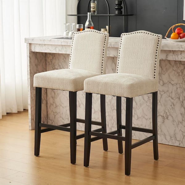 CHRISTOPHER KNIGHT HOME Destiny Beige Modern Polyester Upholstered Bar Stools with Backrest, Solid Wood Legs (Set of 2)