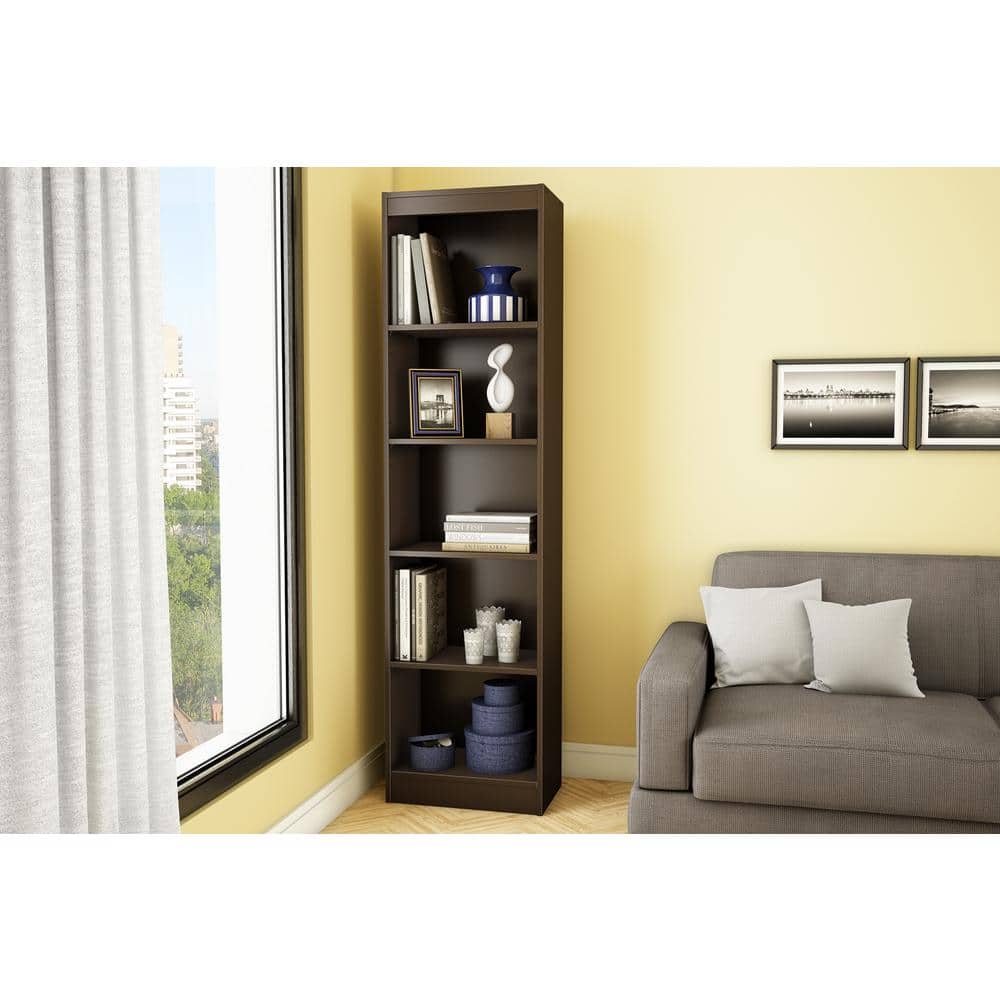 Chocolate Wood Adjustable 5-Shelf Narrow Bookcase