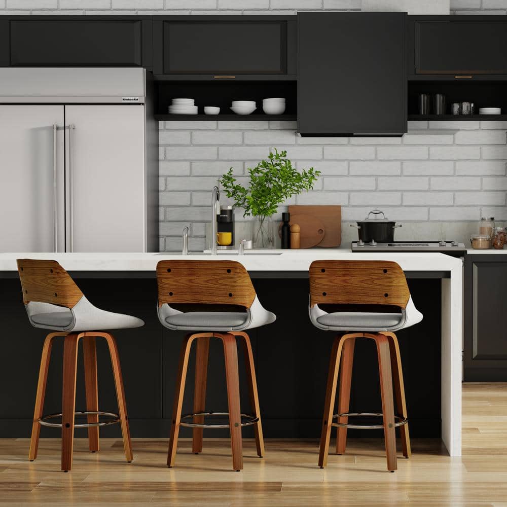 Simpli Home Carly Contemporary 16 in. Swivel Bar Stool (Set of 2) in Grey Polyester Linen Fabric