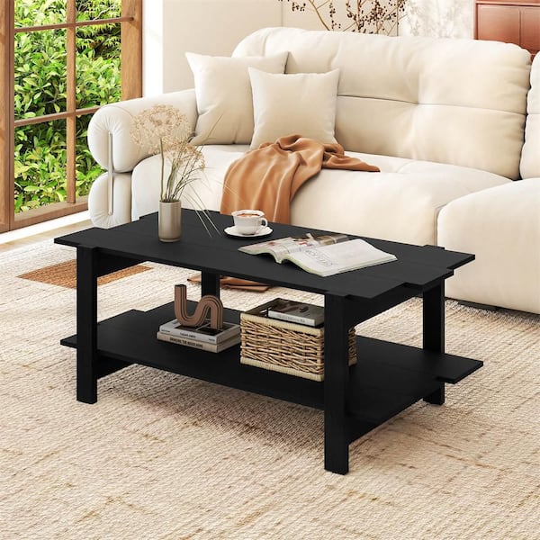 45 in. Black Specialty Particle Board 2-Tier Coffee Table Irregular Center Table with Open Storage Shelf Cocktail Table
