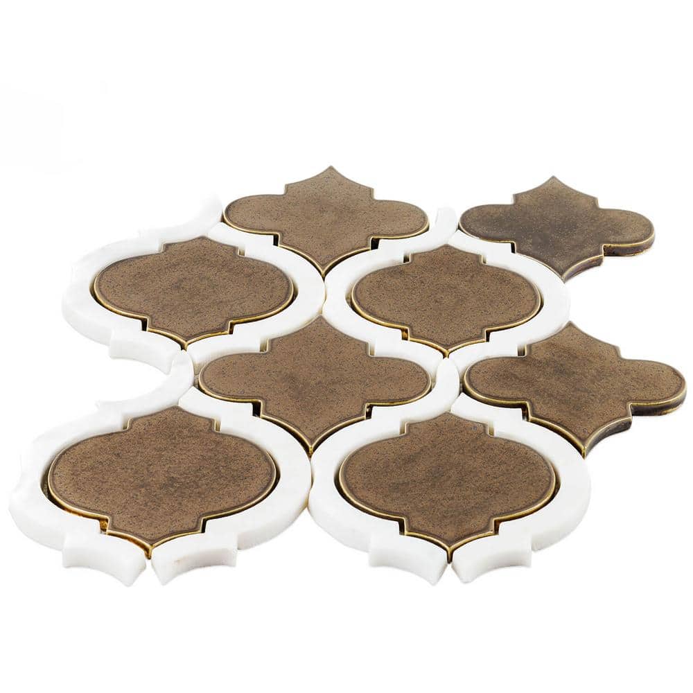 Metallic Copper and White Ceramic Arabesque Mosaic Tile Sheet