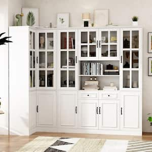 78.9 in. H White Wooden Corner Accent Storage Cabinet Combination Cabinet with Hutch, Adjustable Shelves, Glass Doors