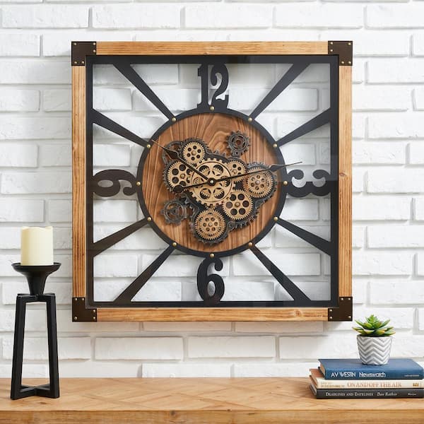 Glitzhome 27.17 in. D Industrial Wooden/Metal Square Gear Wall Clock