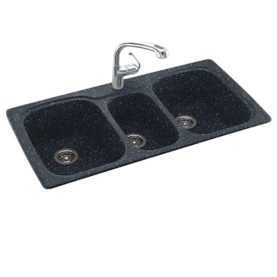 Drop-In/Undermount Solid Surface 44 in. 1-Hole 40/20/40 Triple Bowl Kitchen Sink in Black Galaxy
