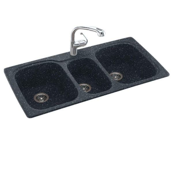 Swan Drop-In/Undermount Solid Surface 44 in. 1-Hole 40/20/40 Triple Bowl Kitchen Sink in Black Galaxy