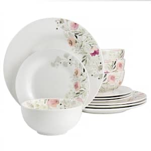 Lily Garden Ceramic 12-Piece White and Pink Dinnerware Set