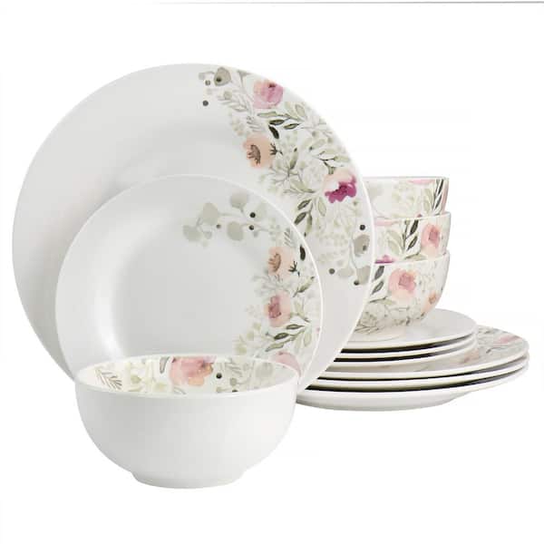 Gibson Home Lily Garden Ceramic 12-Piece White and Pink Dinnerware Set