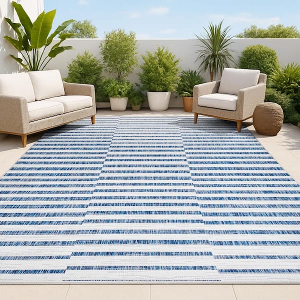 Sukie Modern Offset Stripe Ivory/Blue 8 ft. x 10 ft. Indoor/Outdoor Area Rug