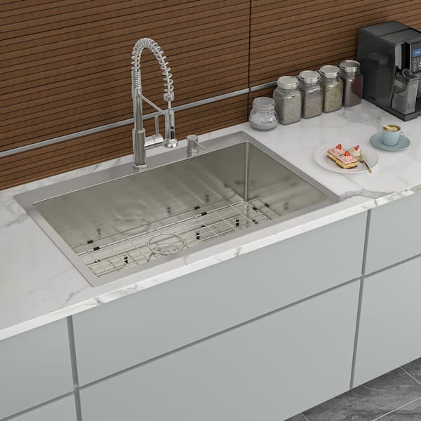 33 in. Drop-In Single Bowl 16 Gauge Brushed Nickel Stainless Steel Kitchen Sink with Bottom Grids