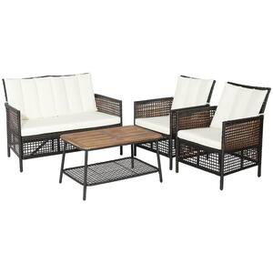 4-Piece Patio Rattan Furniture Set Cushioned Chairs Wood Table Top with Shelf in Off White