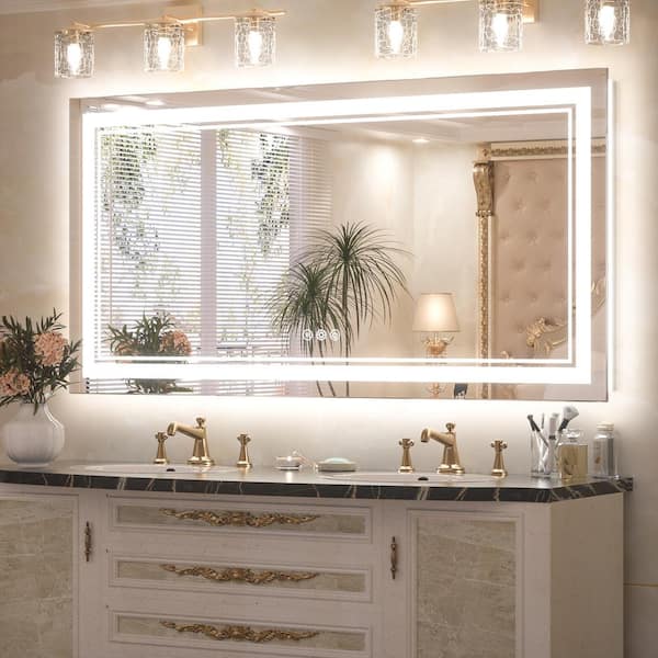 KeonJinn 48 in. W x 24 in. H Rectangular Frameless LED Light Anti-Fog Wall Bathroom Vanity Mirror with Frontlit and Backlit