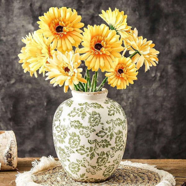 7.9 in. Green Round Ceramic Retro Floral Vases Rustic Decorative Vase LS1V4PR