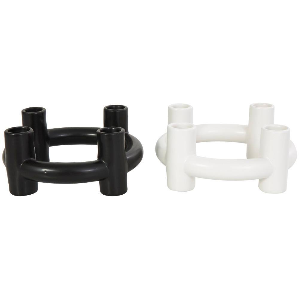 Black and White Ceramic Geometric Circle Candle Holders, Set of 2