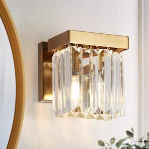 Modern Plating Brass Crystal Square Wall Sconce 1-Light Damp-rated Bathroom Vanity Lighting Decorative Light Fixture