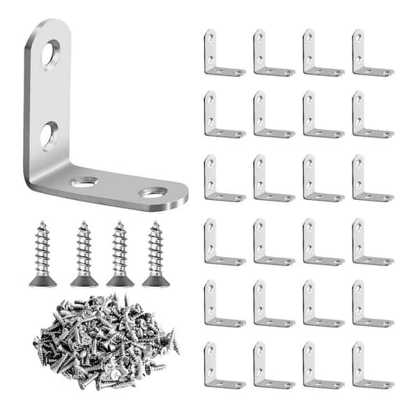 1.6 in. x 1.6 in. x 0.6 in. Metal L Bracket Corner Brace with 100 Pcs Screws for Wooden Furniture, Silver (24-Pack)