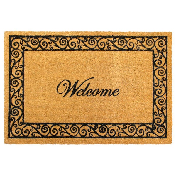 Unbranded Welcome Scroll Border Black 24 in. x 36 in. Coir Non-Slip Outdoor Door Mat