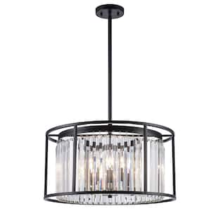 5-Light Black and Crystal Pendant Light Fixture with Hanging Crystal Panel Drum Shade
